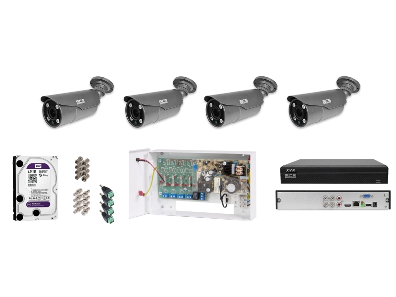 BCS-TQE5200IR3 analogowy kompletny zestaw  na 4 kamery BCS 2Mpx Rejestrator zasilacz dysk akcesoria. Idealny do monitoringu parkingu biura firmy.